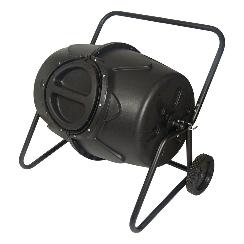 Product shot of wheeled tumbling composter on a white background