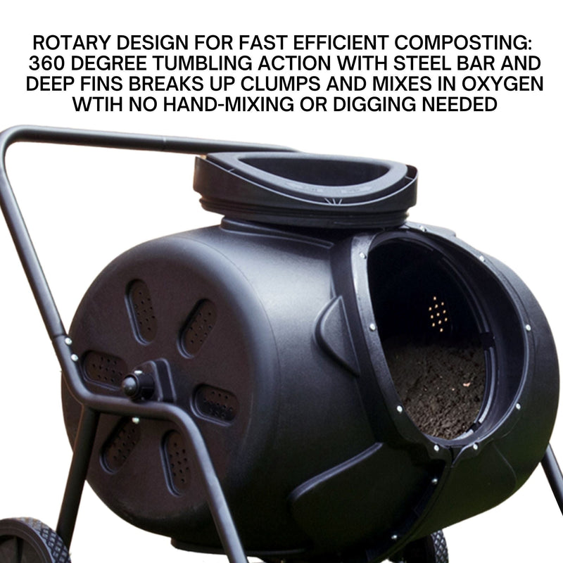 Product shot of wheeled tumbling composter open with composted material inside on a white background with text above reading, "Rotary design for fast efficient composting: 360 degree tumbling action with steel bar and deep fins breaks up clumps and mixes in oxygen with no hand-mixing or digging needed"