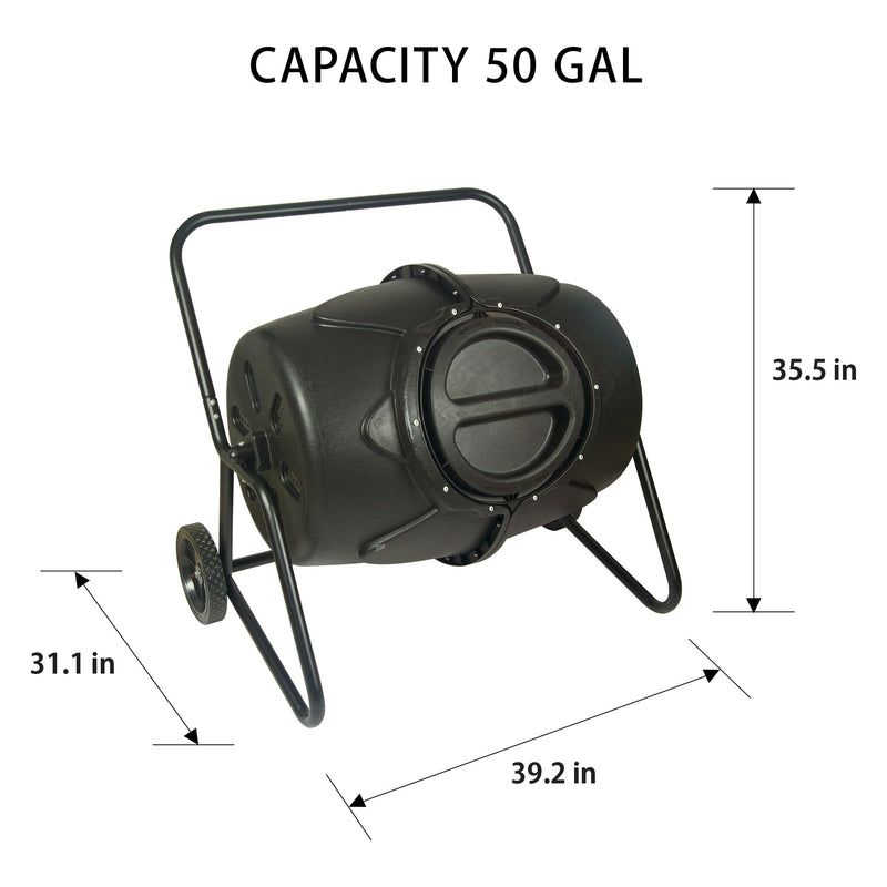 Product shot of wheeled tumbling composter on a white background with dimensions labeled and text above reading, "Capacity 50 gal"