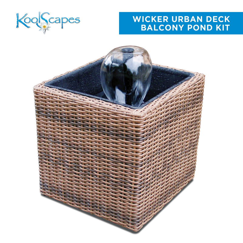 Product shot of Koolscapes wicker-look pond kit on a white background with text above reading, “Wicker urban deck balcony pond kit”