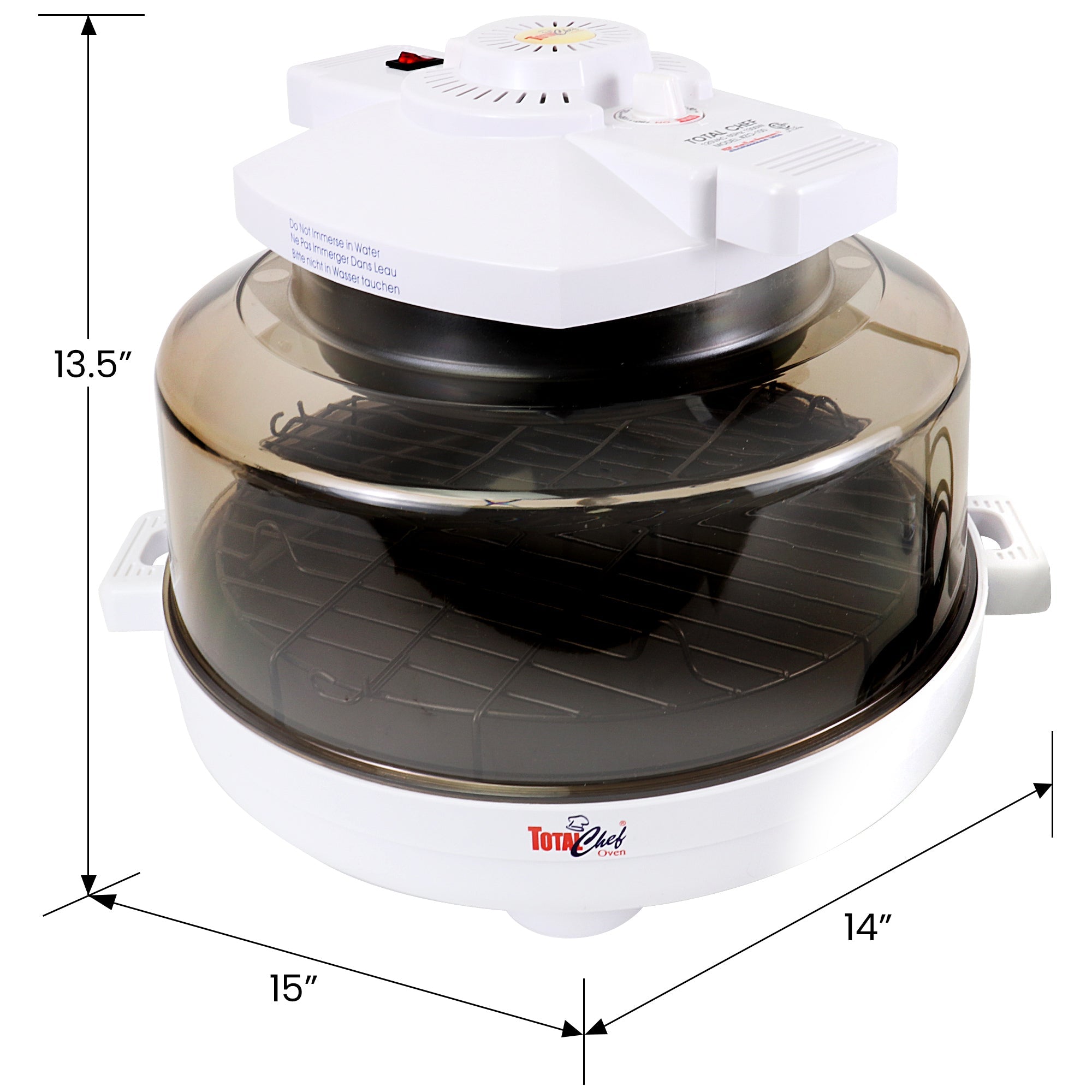 Product shot on a white background of Total Chef infrared oven with dimensions labeled