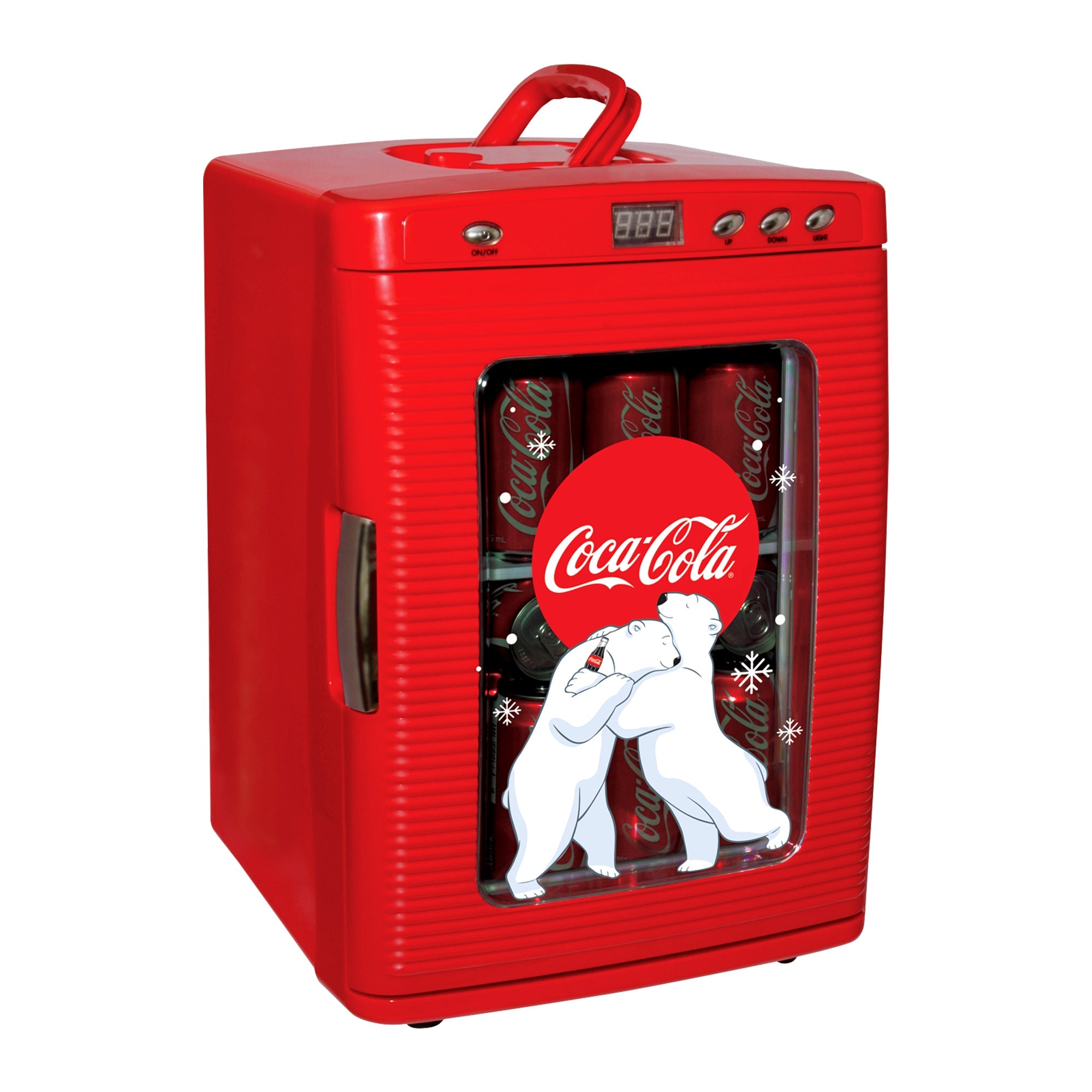 Product shot of Coca-Cola 28 can mini fridge with display window filled with cans of Coke on a white background