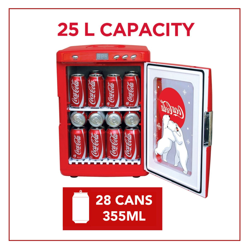 Product shot of Coca-Cola 28 can mini fridge with display window, open and filled with cans of Coke, on a white background. Text above reads, "25L capacity," and text below reads, "28 cans - 355 mL"