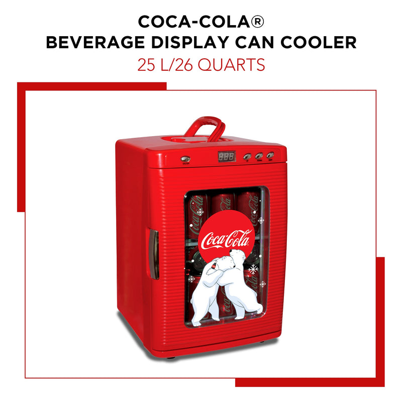 Product shot of Coca-Cola 28 can mini fridge with display window and polar bear graphics, closed and filled with cans of Coke, on a white background with a red border. Text above reads, "Coca-Cola beverage display can cooler"