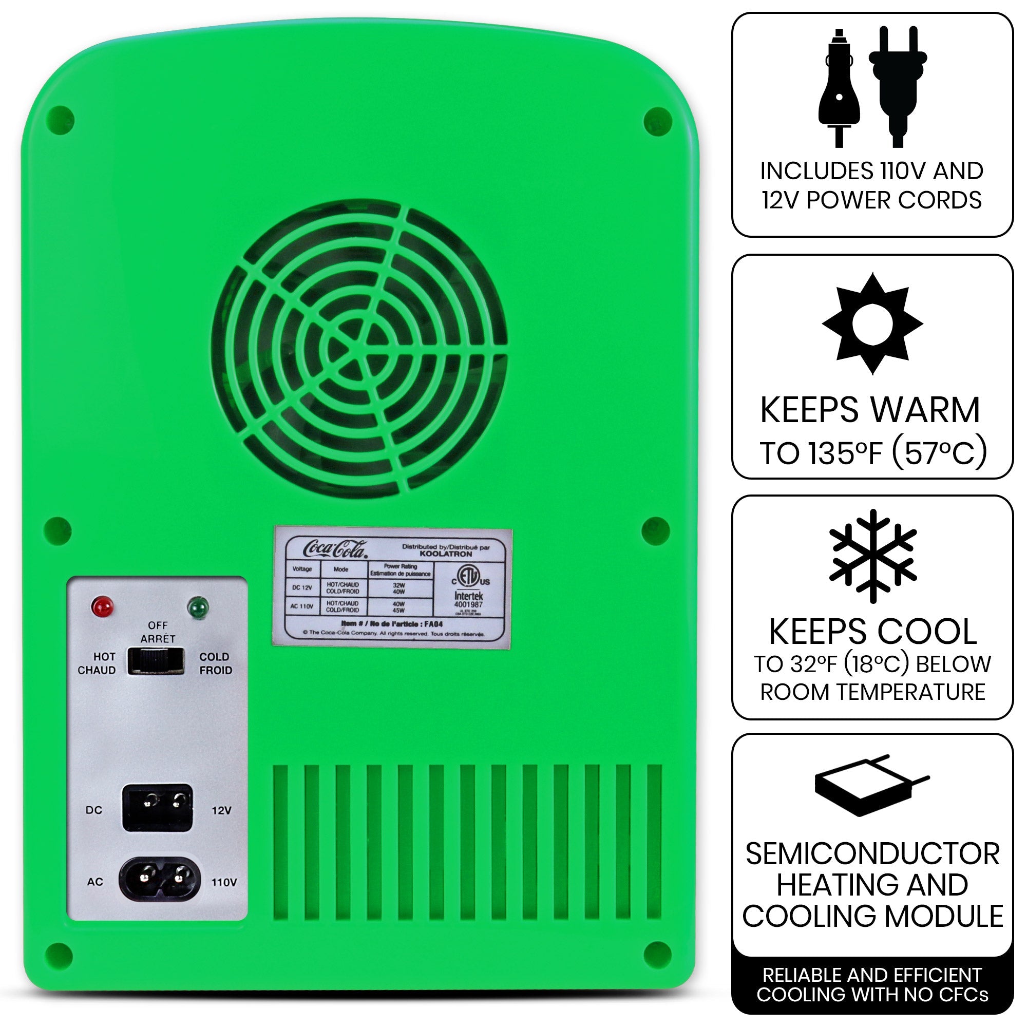 Product shot of the back of the Coca-Cola Sprite 4L 12V cooler on a white background with power/hot/cold switch and plug sockets visible. Text and icons to the right describe: Includes 110V and 12V power cords; Keeps warm to 135F (57 C); Keeps cool to 32F (18C) below room temperature; semiconductor heating and cooling module - reliable and efficient cooling with no CFCs