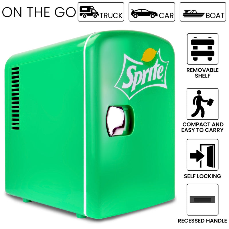Product shot of Coca-Cola Sprite 6 can mini fridge on a white background. Text and icons above describe: On the go - truck car boat. Text and icons to the right describe: Removable shelf; compact and easy to carry; self-locking; recessed handle