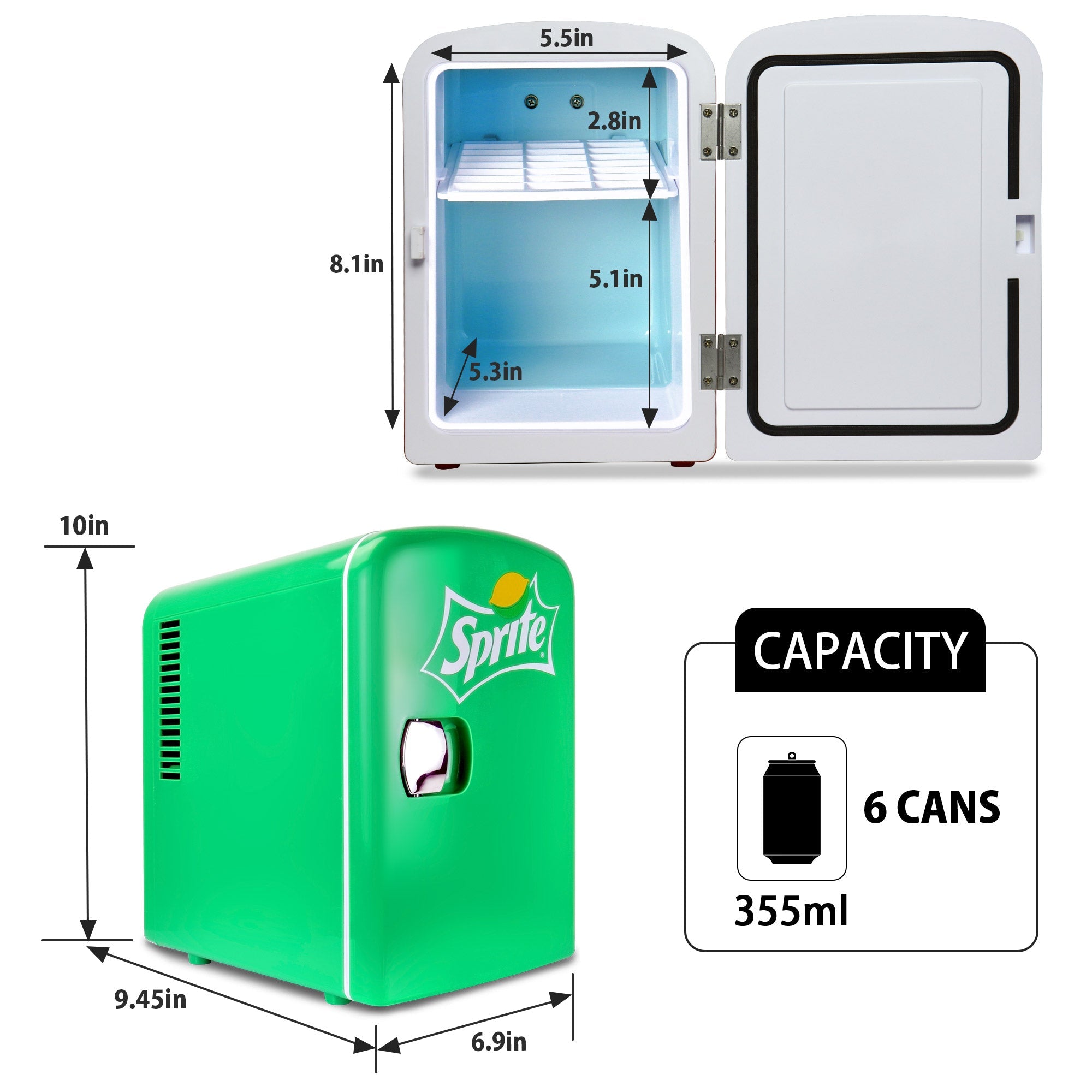 Two product shots of Coca-Cola Sprite 4L mini fridge, open and closed, on a white background, with interior and exterior dimensions labeled. Inset text and icons describes: Capacity - 6 cans 355 mL