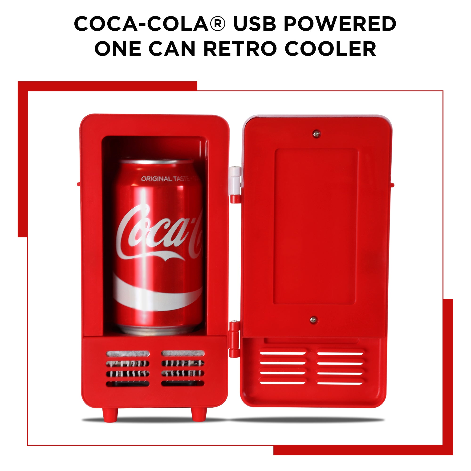 Product shot of Coca-Cola single can USB cooler, open with a can of Coke inside, on a white background with a red border. Text above reads, "Coca-Cola USB powered one can retro cooler"