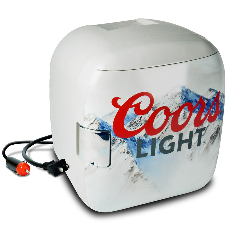 Product shot of Coors Light 12 can cooler/warmer, closed, on a white background with AC and DC power cords visible
