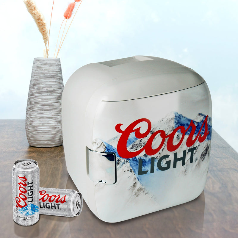 Product shot of Coors Light 12 can cooler/warmer, open with 12 cans of Coors Light beer inside, on a white background
