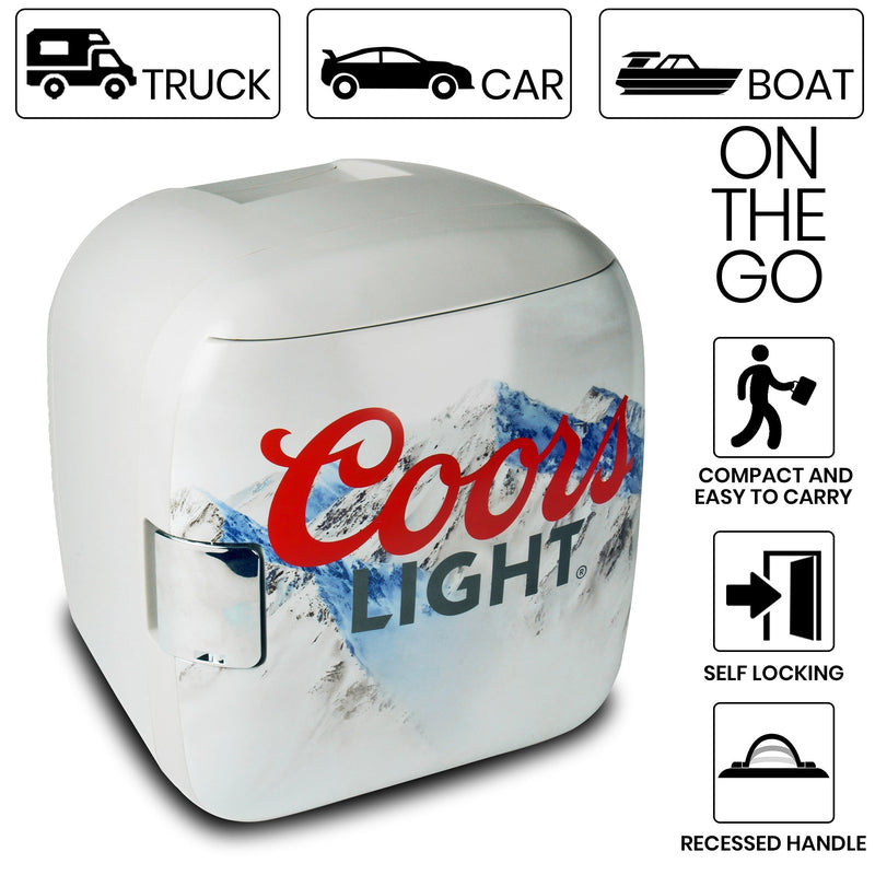 Product shot of Coors Light 12 can cooler/warmer, closed. Text and icons above describe: On the go - truck car boat. Text and icons to the right describe: Compact and easy to carry; self-locking; recessed handle
