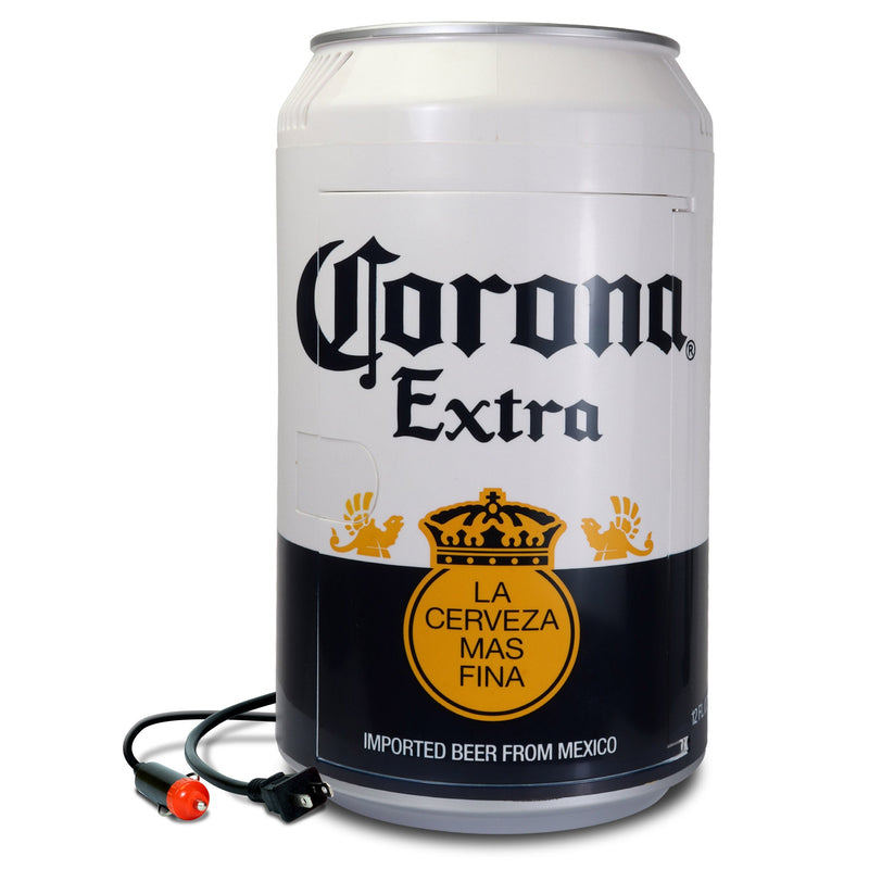 Product shot of Corona can-shaped 8 can mini fridge, closed, on a white background with AC and DC power cords visible