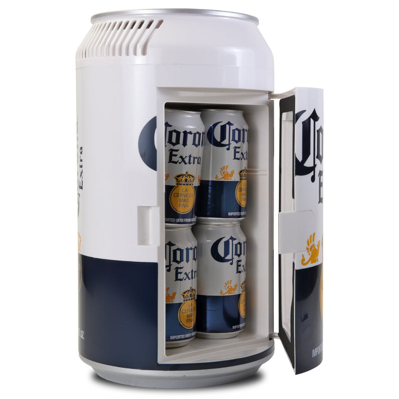 Product shot of Corona can-shaped mini fridge, open with shelf removed and 8 cans of Corona beer inside, on a white background