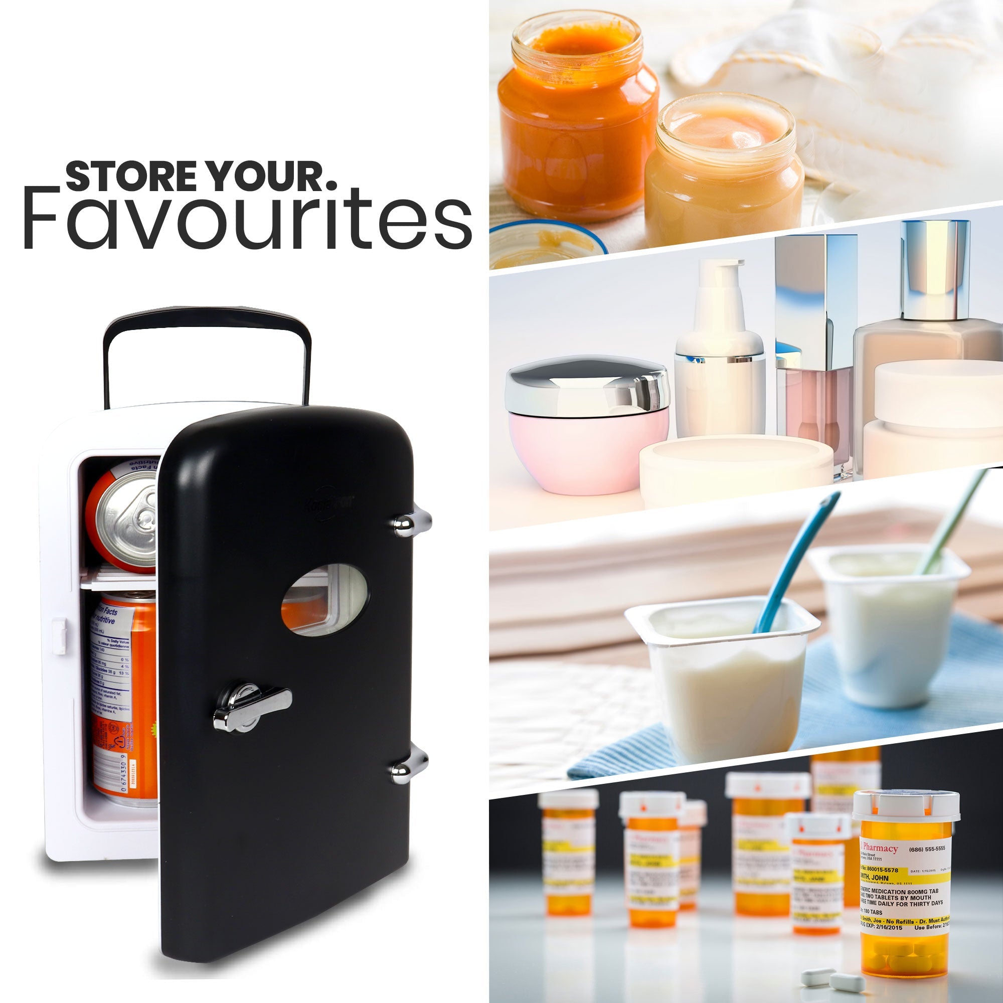 On the left is a product shot of Koolatron retro 6 can portable cooler, partly open with cans of soda inside, and text above reading, "Store your favorites." On the right are four lifestyle images showing 1. Two open jars of baby food; 2. Several jars and bottles of cosmetics and skincare items; 3. Two single serving containers of yogurt with spoons in them; 4. Several orange prescription bottles with medications inside and white childproof lids