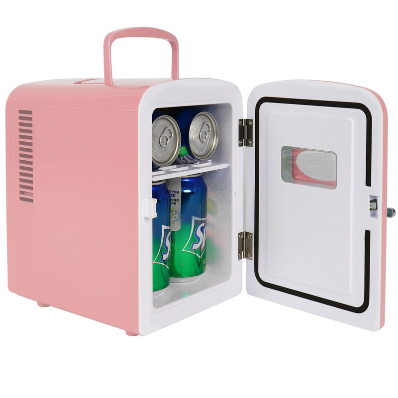 Product shot of Koolatron retro 6 can mini fridge open with 6 cans of soda inside on a white background
