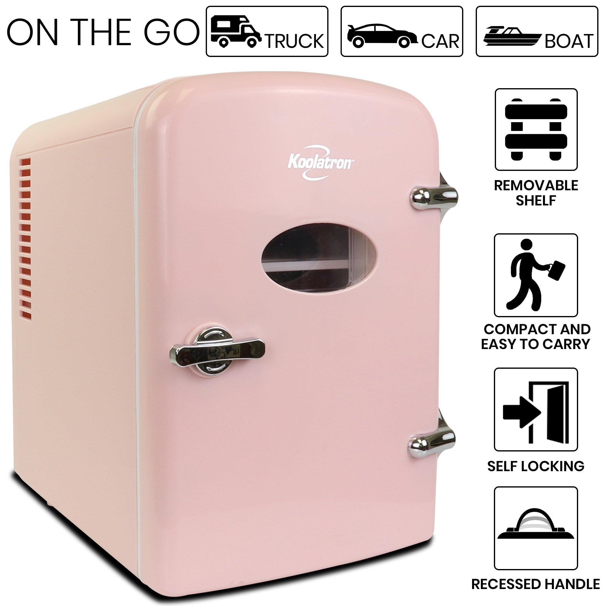 Product shot of Koolatron retro 6 can mini fridge on a white background. Text and icons above describe: On the go - truck car boat. Text and icons to the right describe: Removable shelf; compact and easy to carry; self-locking; recessed handle