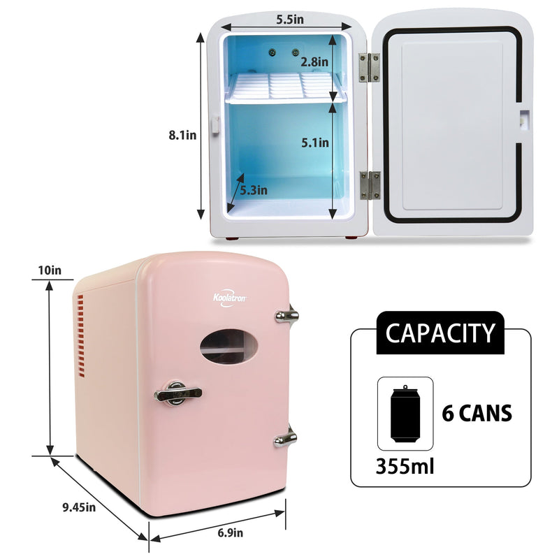 Two product shots of Koolatron retro 4L mini fridge, open and closed, on a white background, with interior and exterior dimensions labeled. Inset text and icons describes: Capacity - 6 cans 355 mL