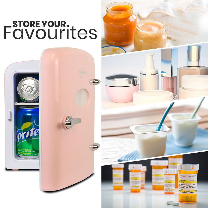 On the left is a product shot of Koolatron retro 6 can portable cooler, partly open with cans of soda inside, and text above reading, "Store your favorites." On the right are four lifestyle images showing 1. Two open jars of baby food; 2. Several jars and bottles of cosmetics and skincare items; 3. Two single serving containers of yogurt with spoons in them; 4. Several orange prescription bottles with medications inside and white childproof lids