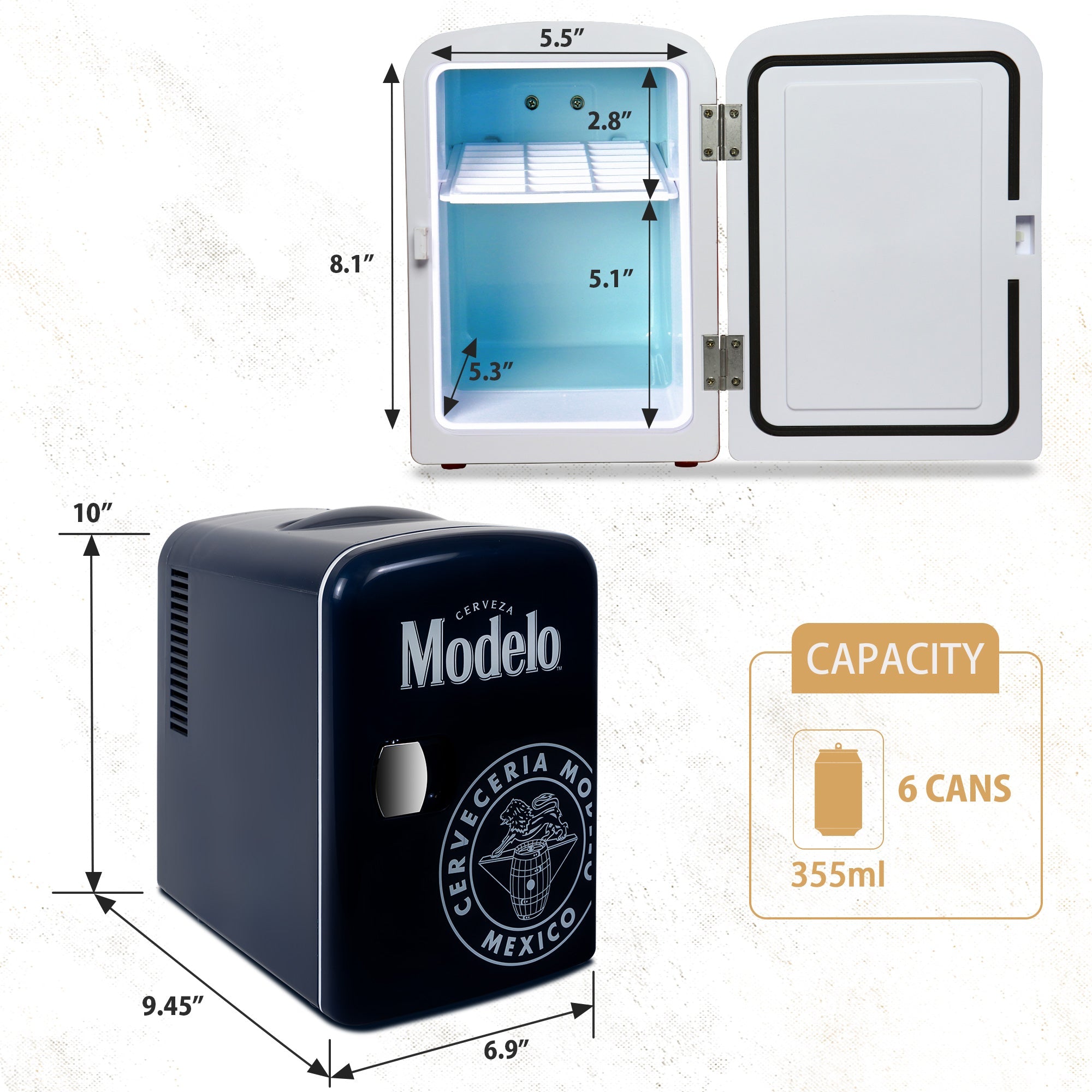 Two product shots of Modelo 4L mini fridge, open and closed, on a marbled white background, with interior and exterior dimensions labeled. Inset text and icons describes: Capacity - 6 cans 355 mL